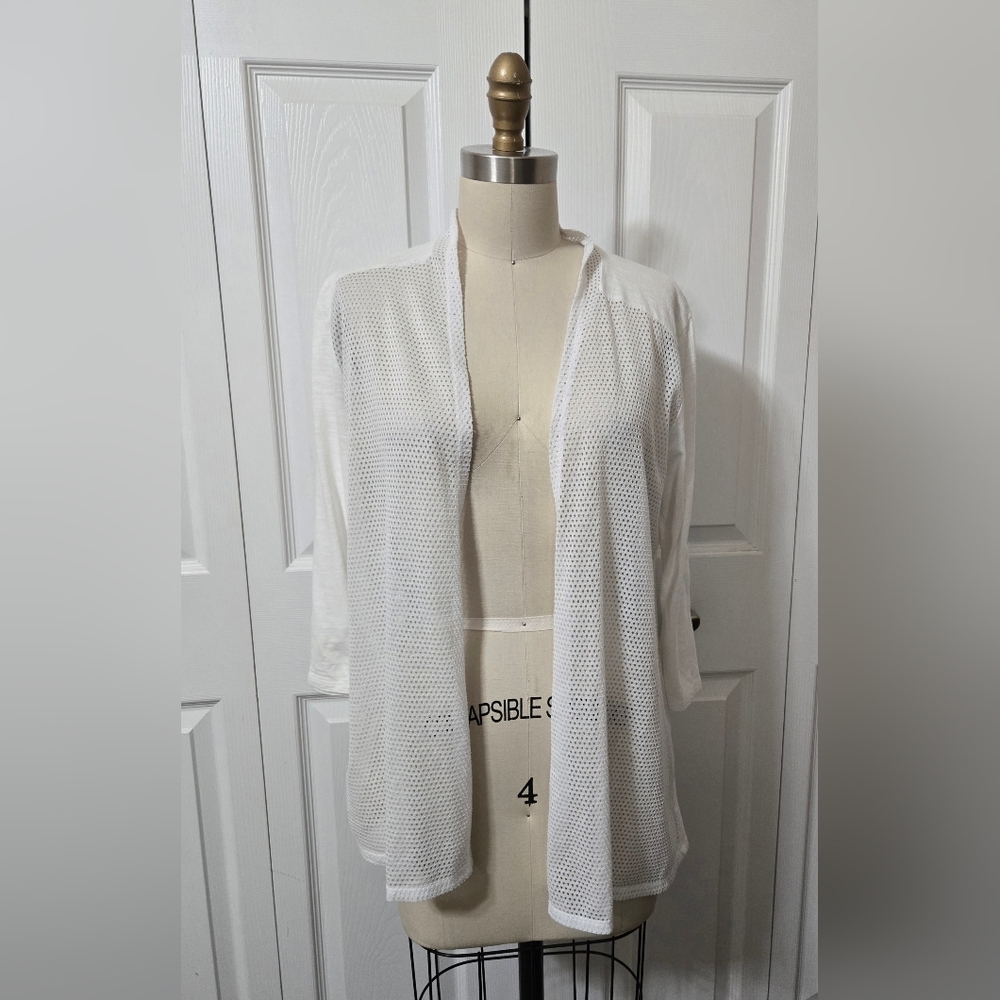 White Cardigan Cover-up Open Knit Semi-Sheer On Front, Chicos Size 0/small, EUC